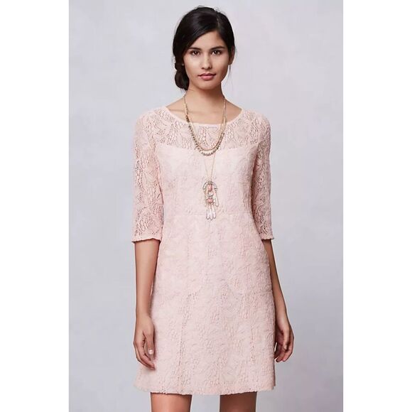 ANTHROPOLOGIE Maeve Light Pink Lefkara Lace Half Sleeve Mini Dress Size Medium - Picture 1 of 9